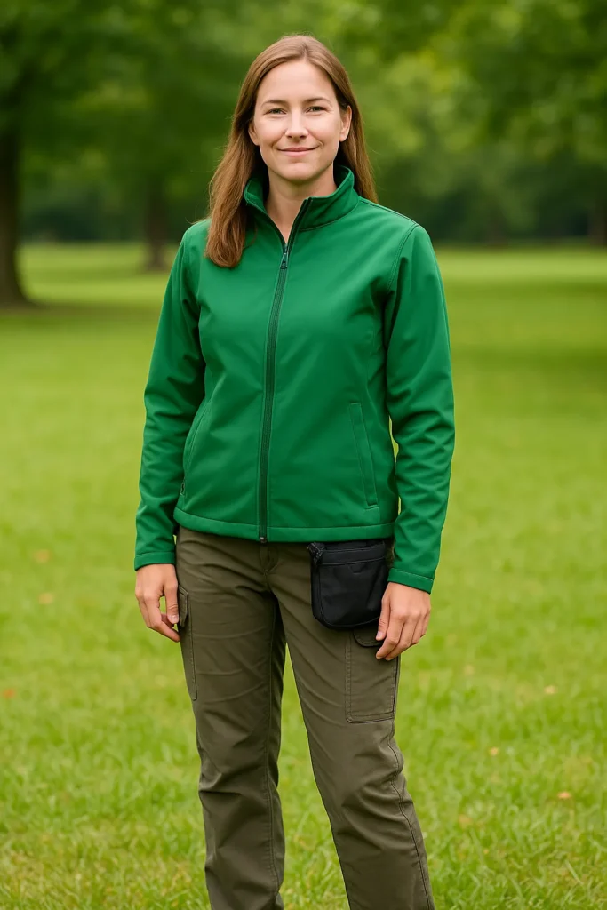 Head trainer at Best Dog Training Orlando standing in a grassy field, wearing a green jacket, work pants, and a treat pouch.
