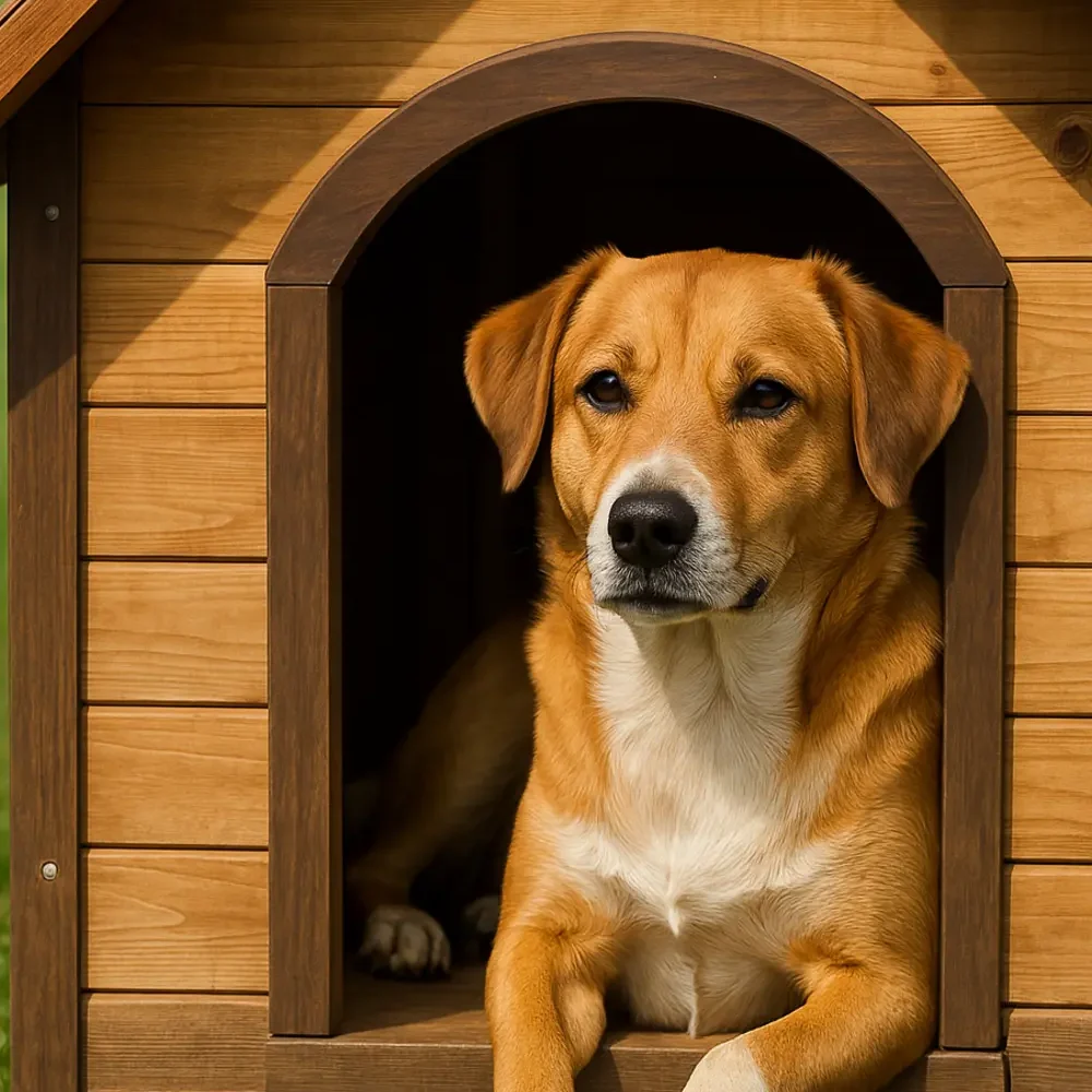 Labrador mix relaxing in a dog house on a warm day in Orlando, Florida during a board and train program.