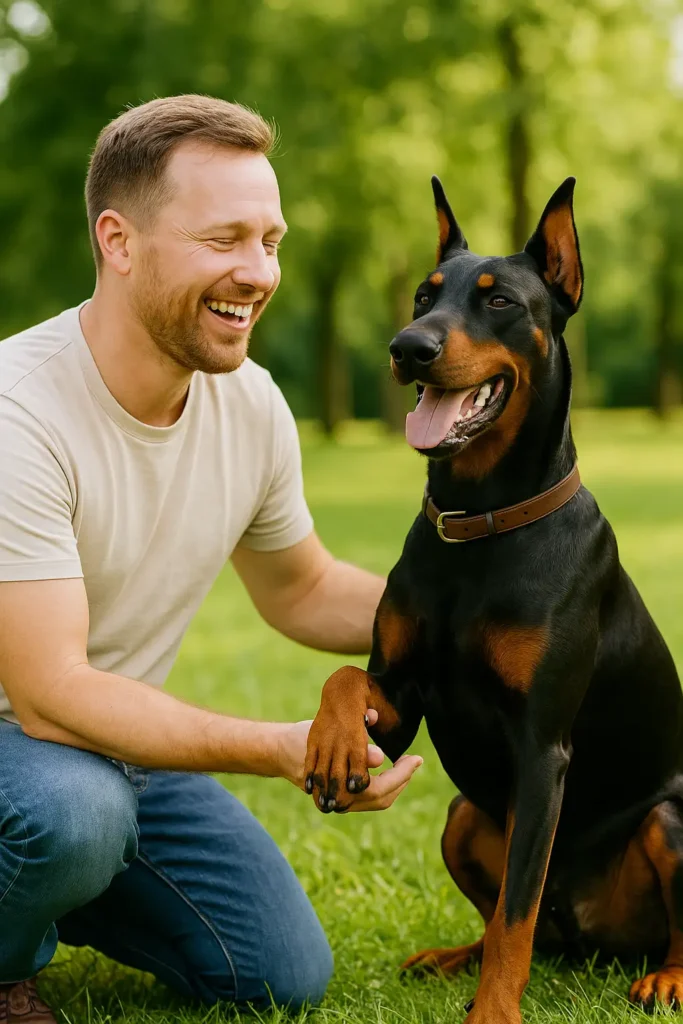 Happy dog owner with his Doberman doing dog training at a park in Orlando, Florida.