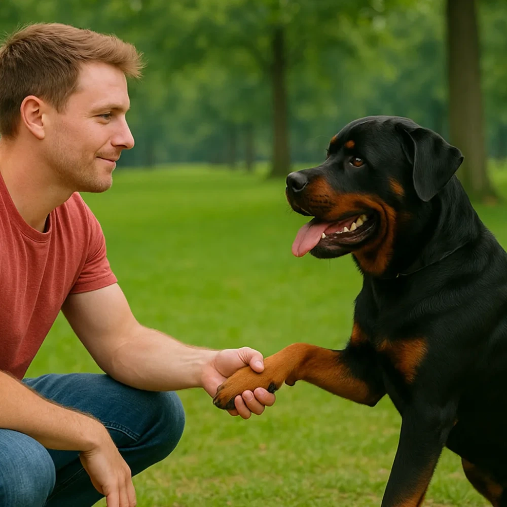Rottweiler giving paw to its owner during an in-home dog training lesson in Orlando, Florida. The owner is dressed in a light red t-shirt and jeans.