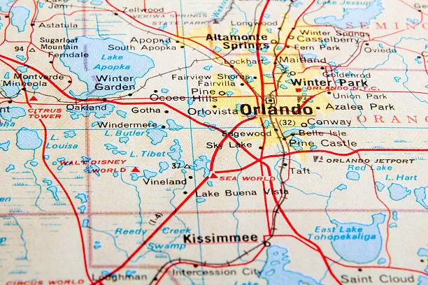 A map of Orlando with red lines indicating the major roads through the city.