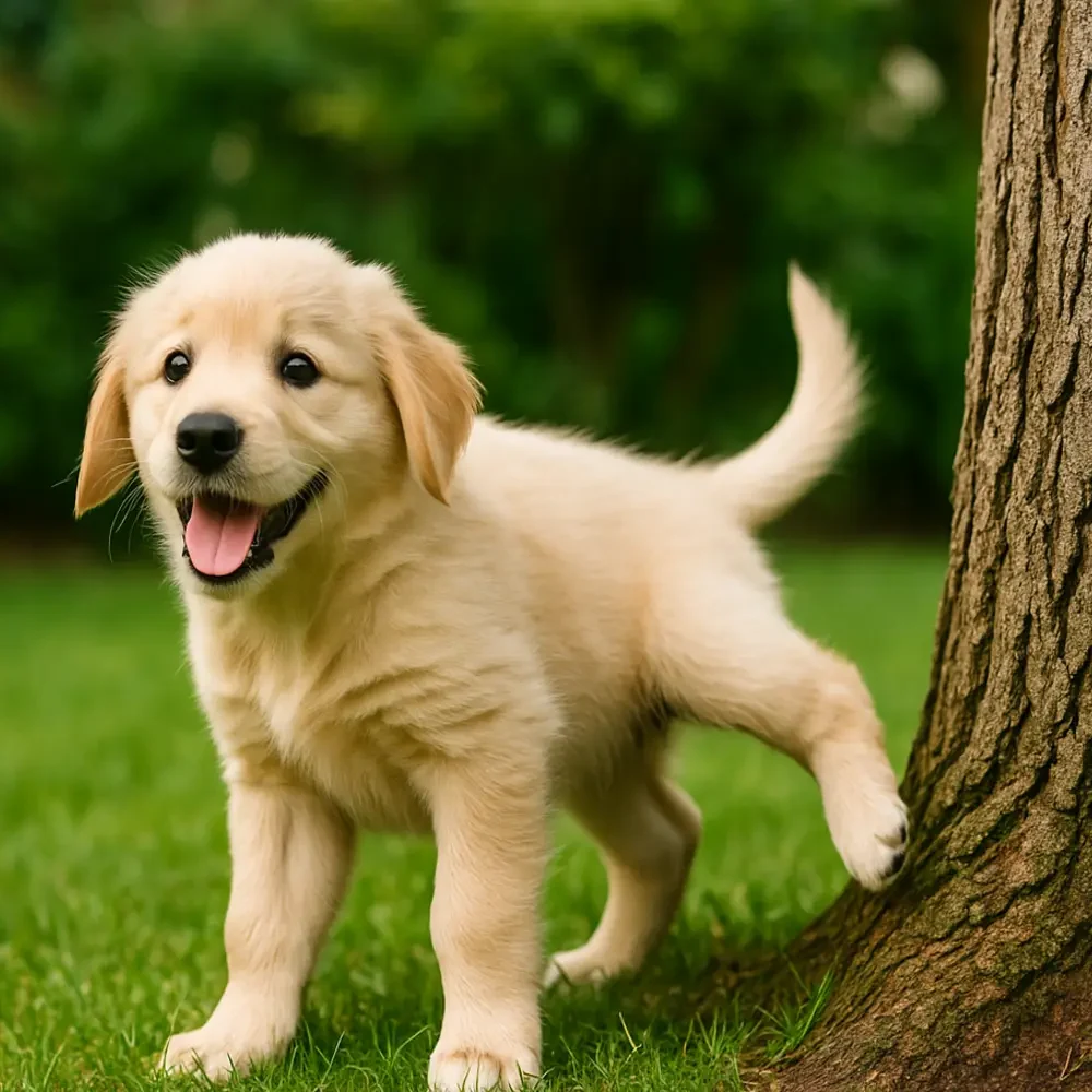 Golden Retriever puppy learning potty training in a garden, being taught to go outside instead of inside the house.