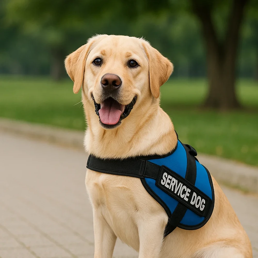 Golden Retriever sitting on a sidewalk, smiling at the camera while wearing a blue and black harness and undergoing a service dog training program in Orlando.