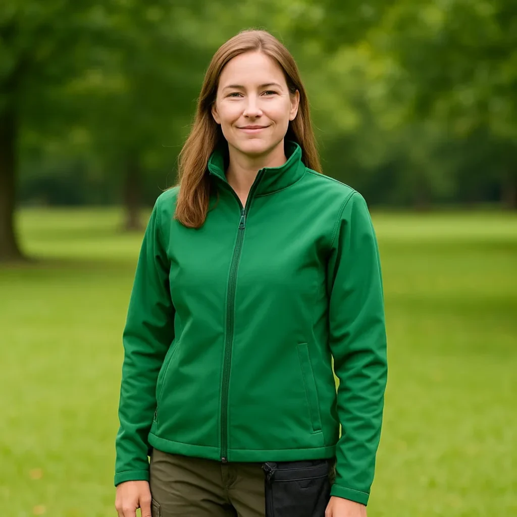 Head trainer at Best Dog Training Orlando standing in a grassy field, wearing a green jacket, work pants, and a treat pouch.